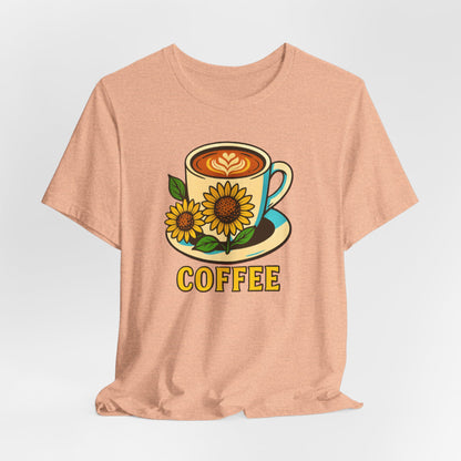 Coffee Lover Tee, Unisex Coffee Short Sleeve Shirt, Sunflower Graphic Tee, Best Gift for Baristas, Casual Summer Wear
