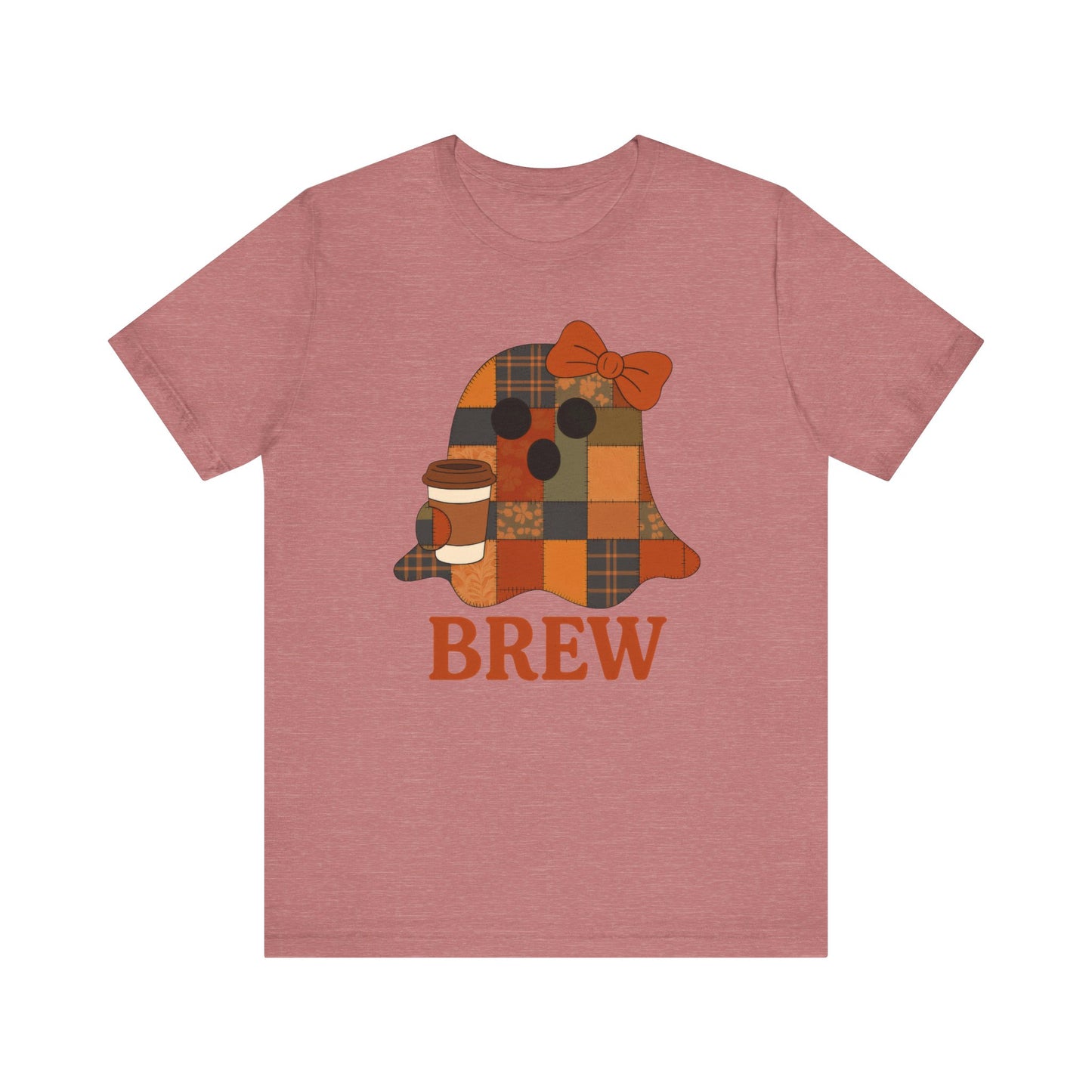 Patchwork Ghost Coffee Halloween Shirt – Quilted Fall Plaid Brew Tee for Coffee Lovers