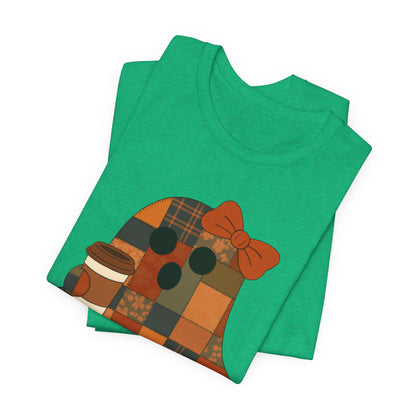Patchwork Ghost Coffee Halloween Shirt – Quilted Fall Plaid Brew Tee for Coffee Lovers