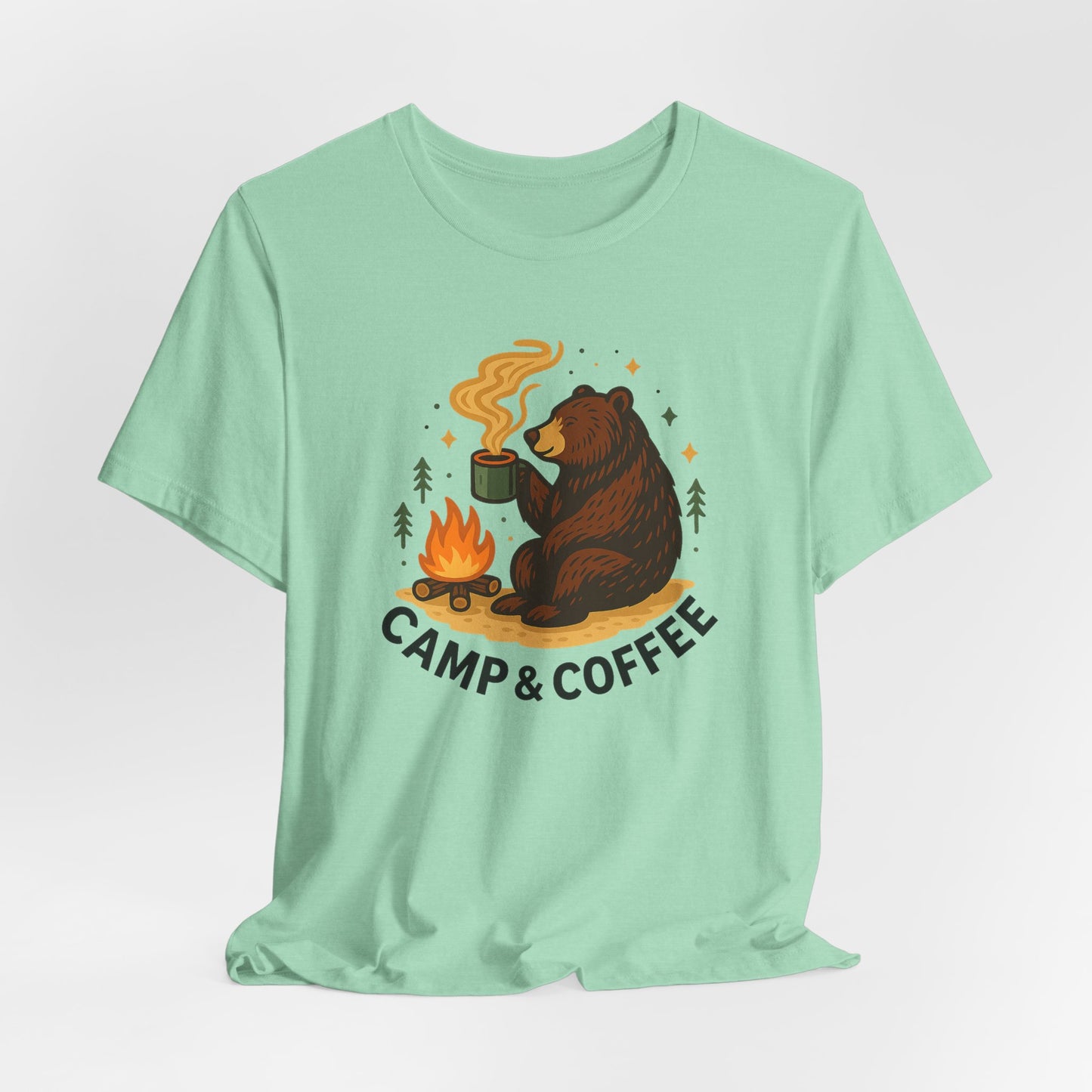 Cozy Campfire T-Shirt, Bear Graphic Tee, Outdoorsy Shirt, Coffee Lovers Gift, Adventure Clothing, Father's Day, Summer Camping Gear
