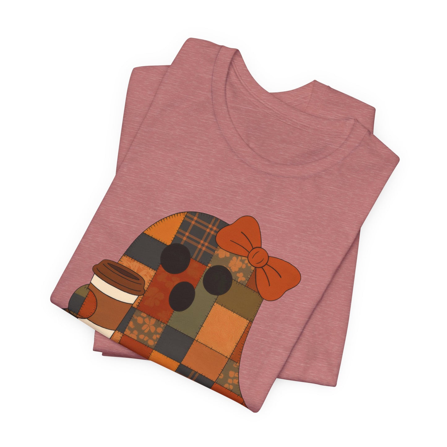 Patchwork Ghost Coffee Halloween Shirt – Quilted Fall Plaid Brew Tee for Coffee Lovers