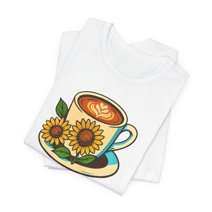 Coffee Lover Tee, Unisex Coffee Short Sleeve Shirt, Sunflower Graphic Tee, Best Gift for Baristas, Casual Summer Wear