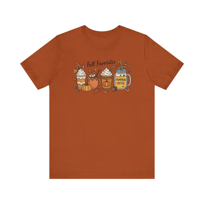 Cozy Fall Favorites Tee | Autumn Shirt, Pumpkin Coffee Top, Unisex Fall T-Shirt, Gift for Coffee Lovers, Seasonal Apparel