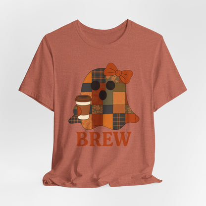 Patchwork Ghost Coffee Halloween Shirt – Quilted Fall Plaid Brew Tee for Coffee Lovers