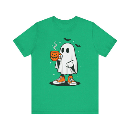 Halloween Ghost Graphic Tee, Spooky T-Shirt, Unisex Short Sleeve Shirt, Fall Fashion, Pumpkin Mug Design