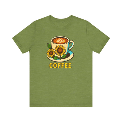 Coffee Lover Tee, Unisex Coffee Short Sleeve Shirt, Sunflower Graphic Tee, Best Gift for Baristas, Casual Summer Wear