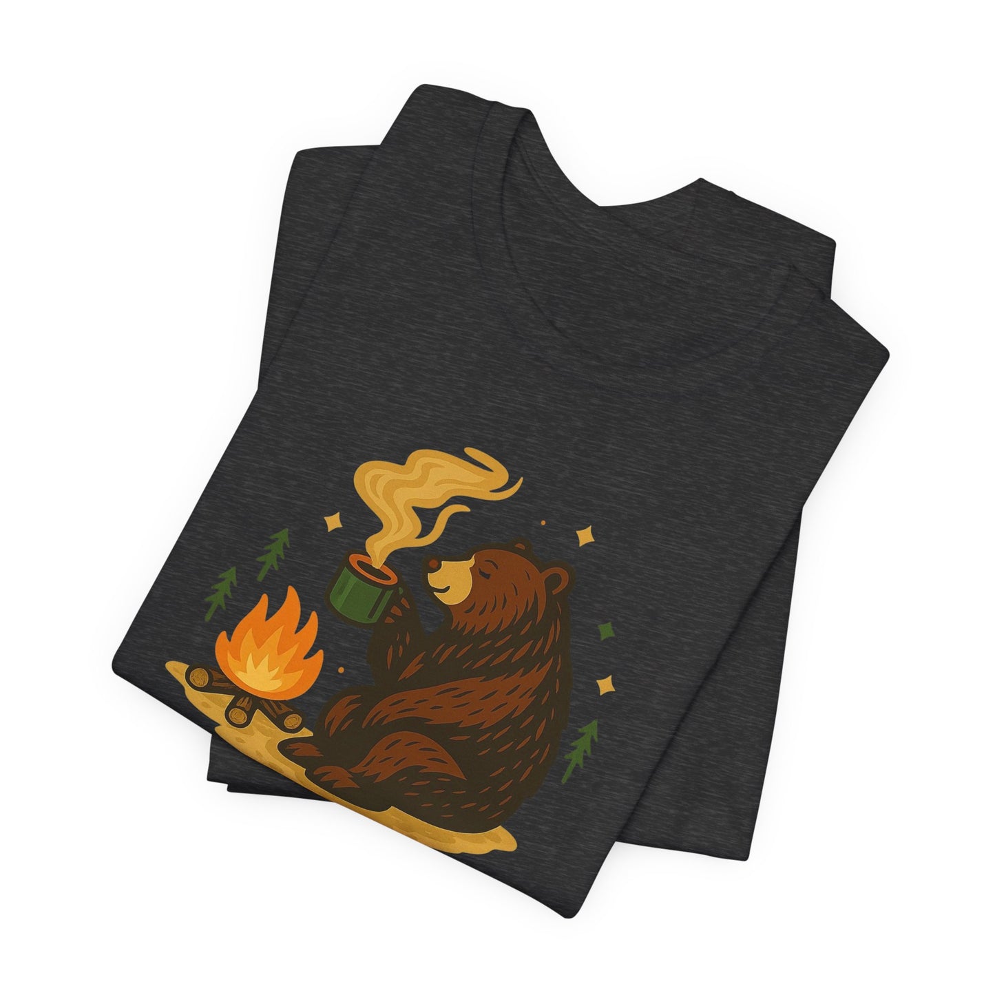 Cozy Campfire T-Shirt, Bear Graphic Tee, Outdoorsy Shirt, Coffee Lovers Gift, Adventure Clothing, Father's Day, Summer Camping Gear