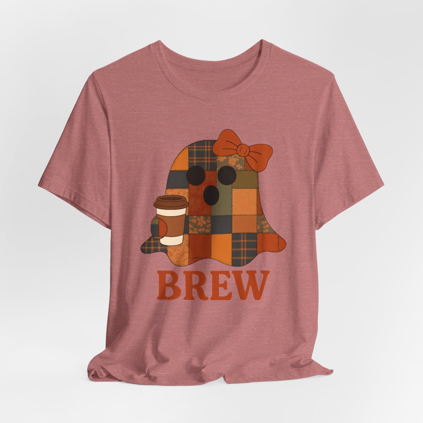 Patchwork Ghost Coffee Halloween Shirt – Quilted Fall Plaid Brew Tee for Coffee Lovers