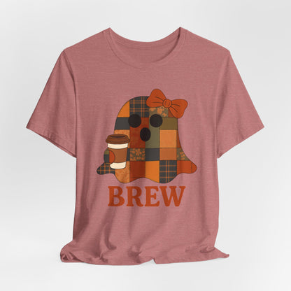 Patchwork Ghost Coffee Halloween Shirt – Quilted Fall Plaid Brew Tee for Coffee Lovers