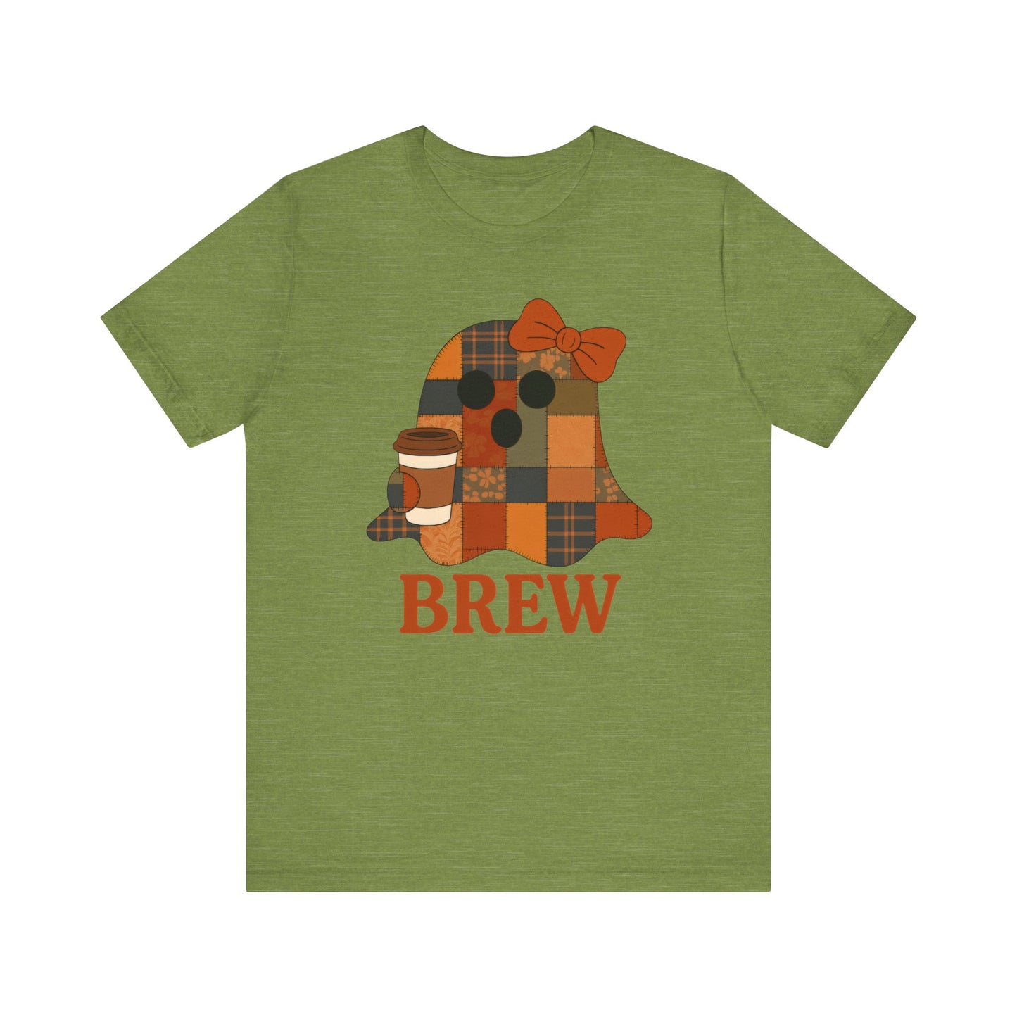 Patchwork Ghost Coffee Halloween Shirt – Quilted Fall Plaid Brew Tee for Coffee Lovers