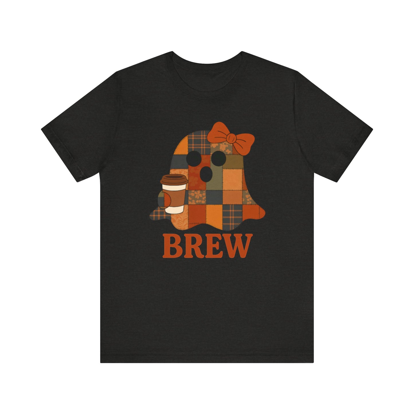Patchwork Ghost Coffee Halloween Shirt – Quilted Fall Plaid Brew Tee for Coffee Lovers