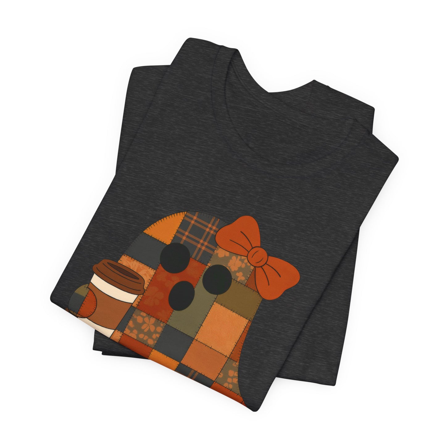 Patchwork Ghost Coffee Halloween Shirt – Quilted Fall Plaid Brew Tee for Coffee Lovers