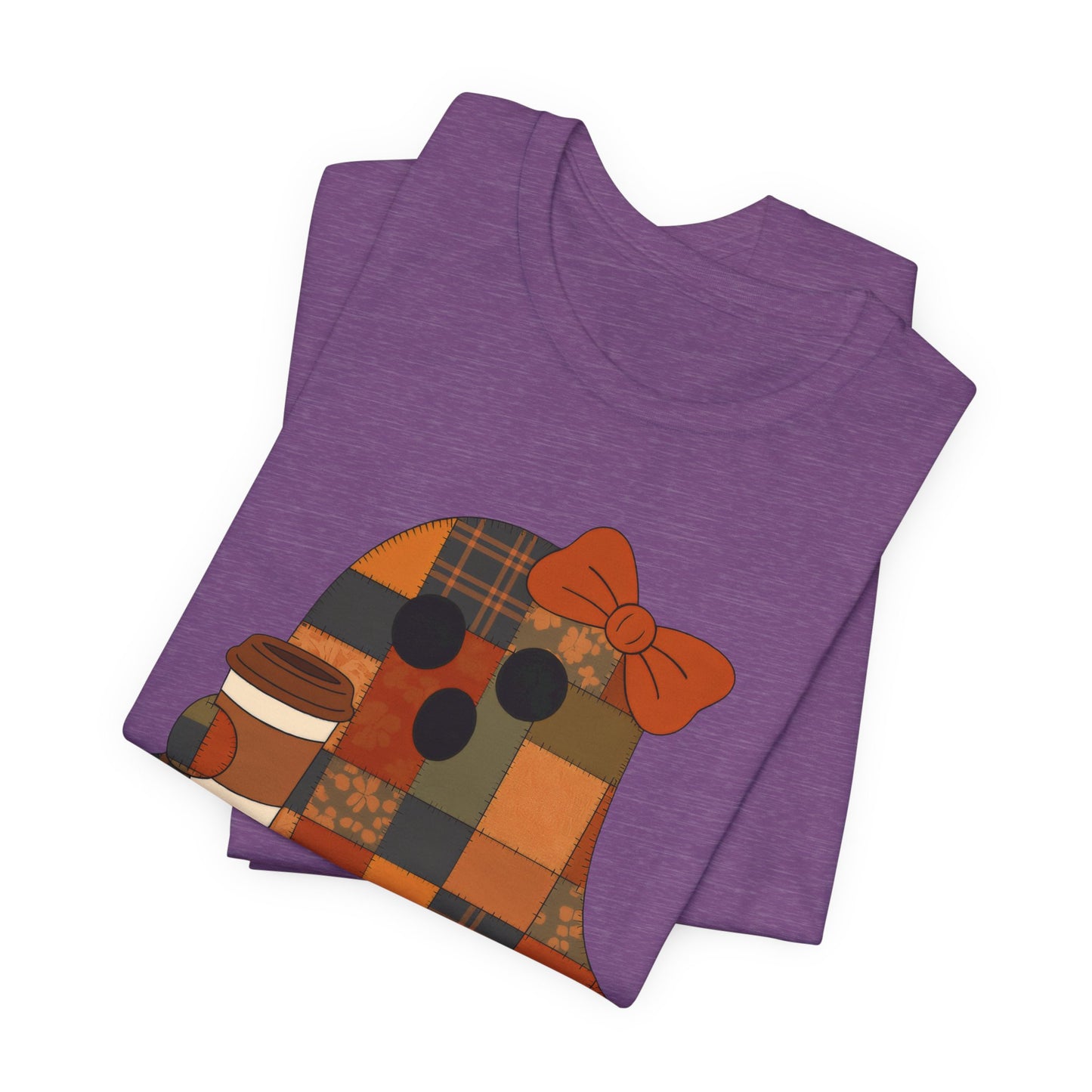 Patchwork Ghost Coffee Halloween Shirt – Quilted Fall Plaid Brew Tee for Coffee Lovers