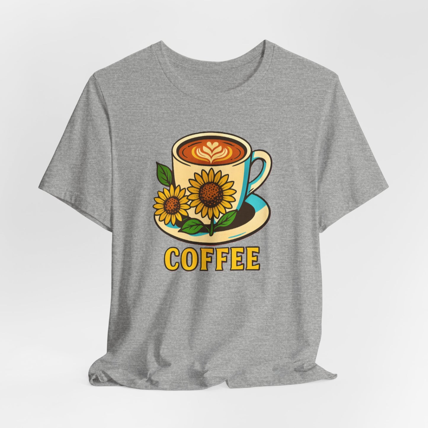 Coffee Lover Tee, Unisex Coffee Short Sleeve Shirt, Sunflower Graphic Tee, Best Gift for Baristas, Casual Summer Wear