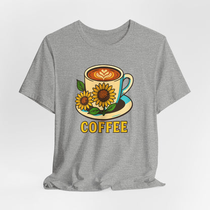 Coffee Lover Tee, Unisex Coffee Short Sleeve Shirt, Sunflower Graphic Tee, Best Gift for Baristas, Casual Summer Wear