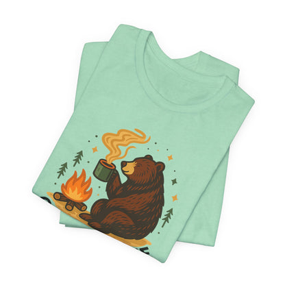 Cozy Campfire T-Shirt, Bear Graphic Tee, Outdoorsy Shirt, Coffee Lovers Gift, Adventure Clothing, Father's Day, Summer Camping Gear
