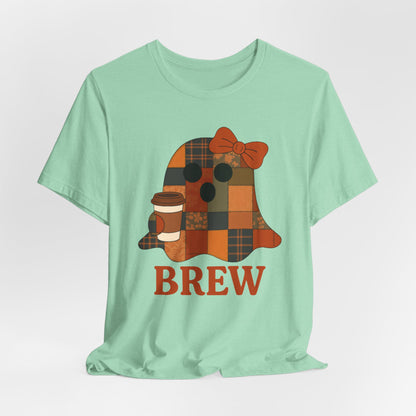 Patchwork Ghost Coffee Halloween Shirt – Quilted Fall Plaid Brew Tee for Coffee Lovers