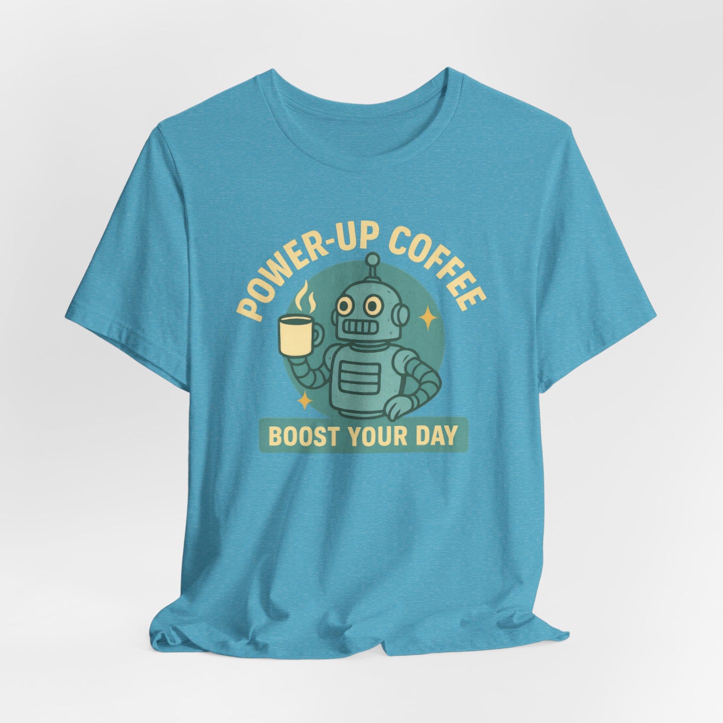 Power-Up Coffee Tee, Funny Robot Shirt, Gift for Coffee Lovers, Unisex Graphic Tee, Quirky Casual Wear, Birthday Apparel