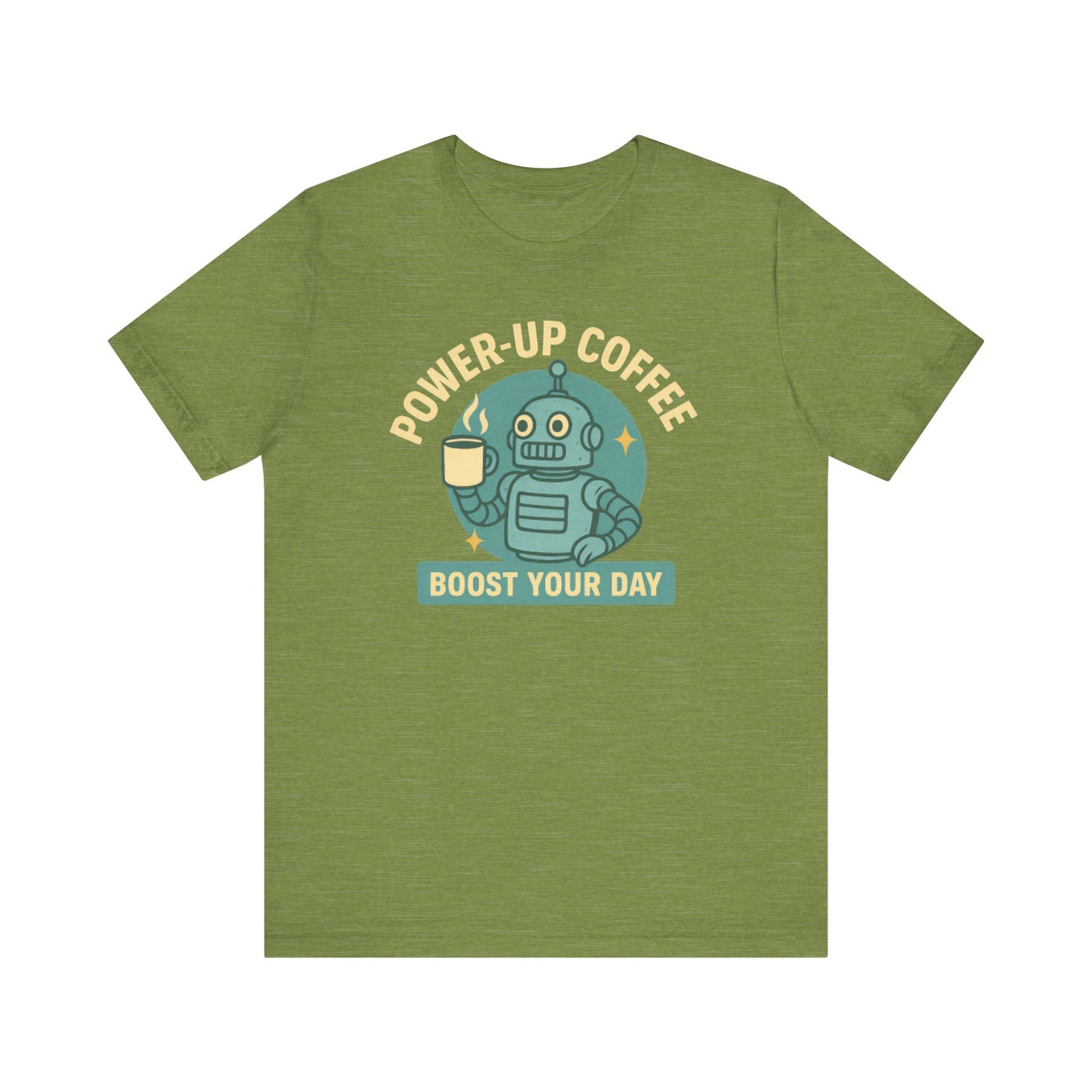 Power-Up Coffee Tee, Funny Robot Shirt, Gift for Coffee Lovers, Unisex Graphic Tee, Quirky Casual Wear, Birthday Apparel