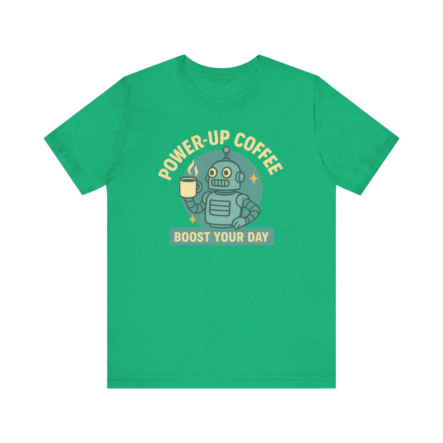 Power-Up Coffee Tee, Funny Robot Shirt, Gift for Coffee Lovers, Unisex Graphic Tee, Quirky Casual Wear, Birthday Apparel