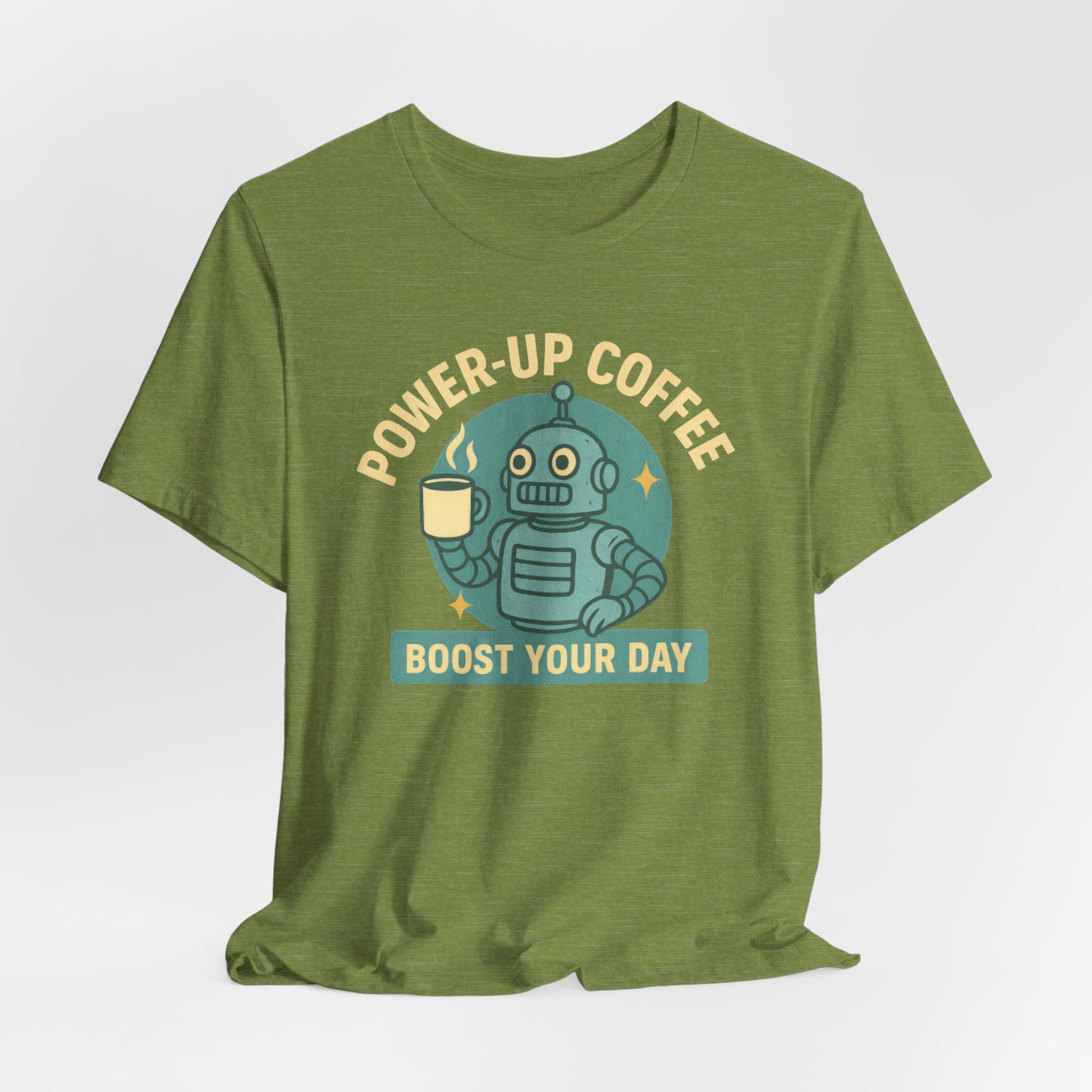 Power-Up Coffee Tee, Funny Robot Shirt, Gift for Coffee Lovers, Unisex Graphic Tee, Quirky Casual Wear, Birthday Apparel