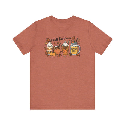 Cozy Fall Favorites Tee | Autumn Shirt, Pumpkin Coffee Top, Unisex Fall T-Shirt, Gift for Coffee Lovers, Seasonal Apparel