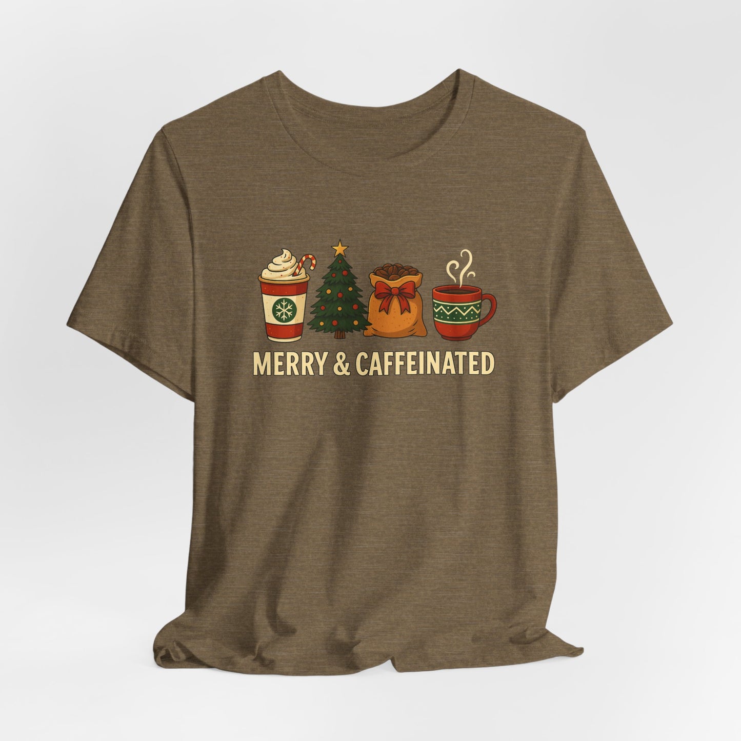 Merry Caffeinated Tee: Cute Coffee Lovers Gift, Holiday Shirt, Unisex Graphic Tee, Christmas Outfit, Cozy T-Shirt