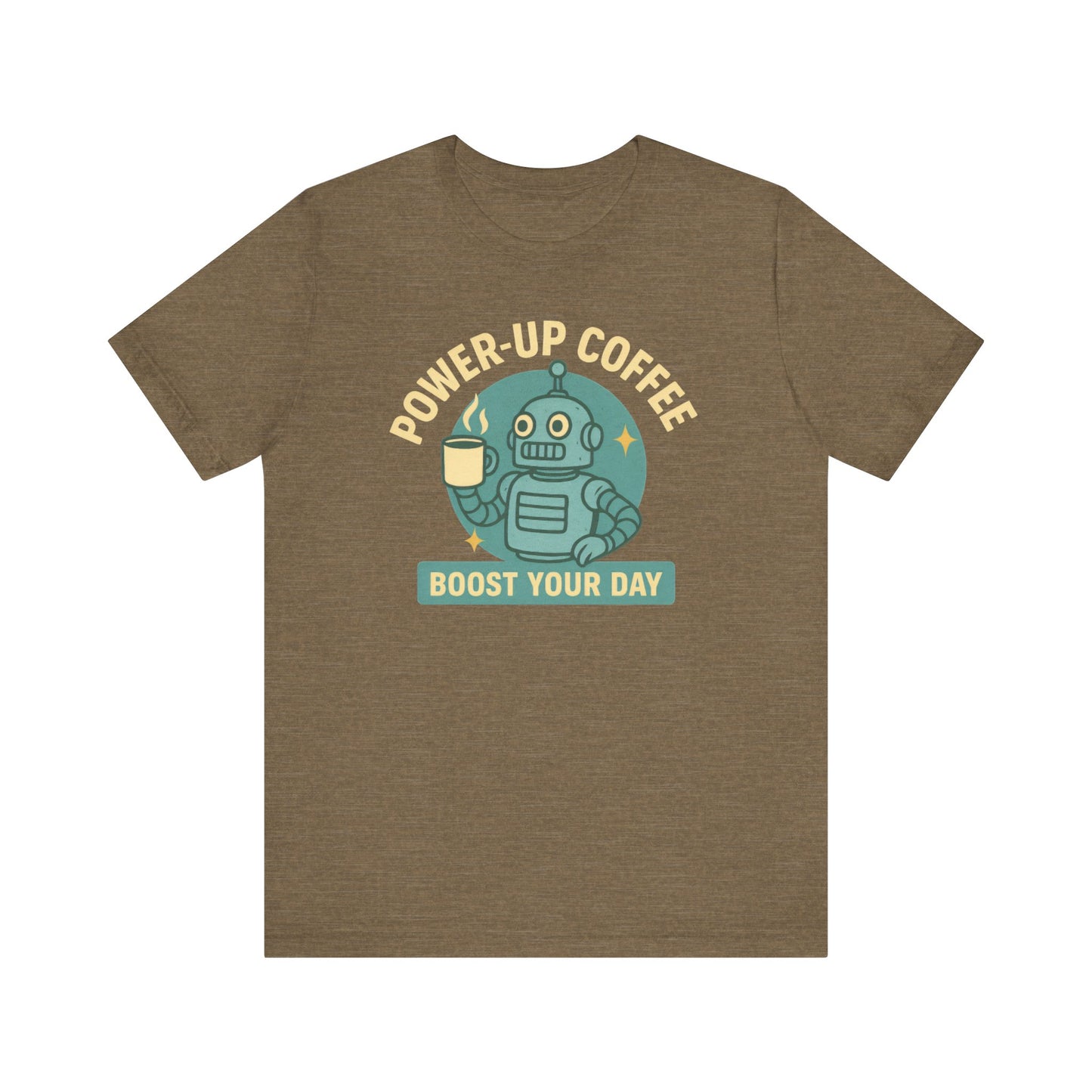 Power-Up Coffee Tee, Funny Robot Shirt, Gift for Coffee Lovers, Unisex Graphic Tee, Quirky Casual Wear, Birthday Apparel