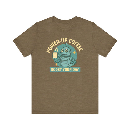 Power-Up Coffee Tee, Funny Robot Shirt, Gift for Coffee Lovers, Unisex Graphic Tee, Quirky Casual Wear, Birthday Apparel