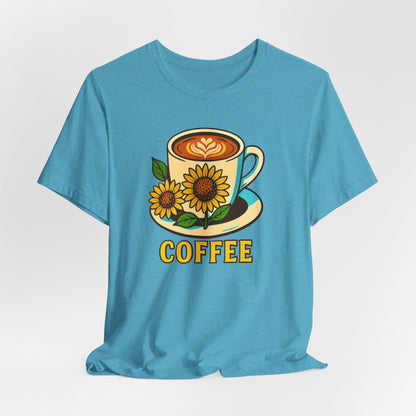 Coffee Lover Tee, Unisex Coffee Short Sleeve Shirt, Sunflower Graphic Tee, Best Gift for Baristas, Casual Summer Wear