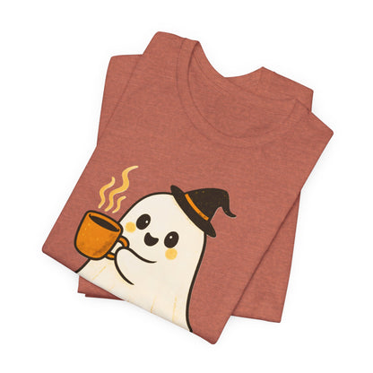 Cute Ghost Coffee Tee, Unisex Halloween Shirt, Funny Pumpkin Spice T-Shirt, Fall Fashion Top, Holiday Gift Idea