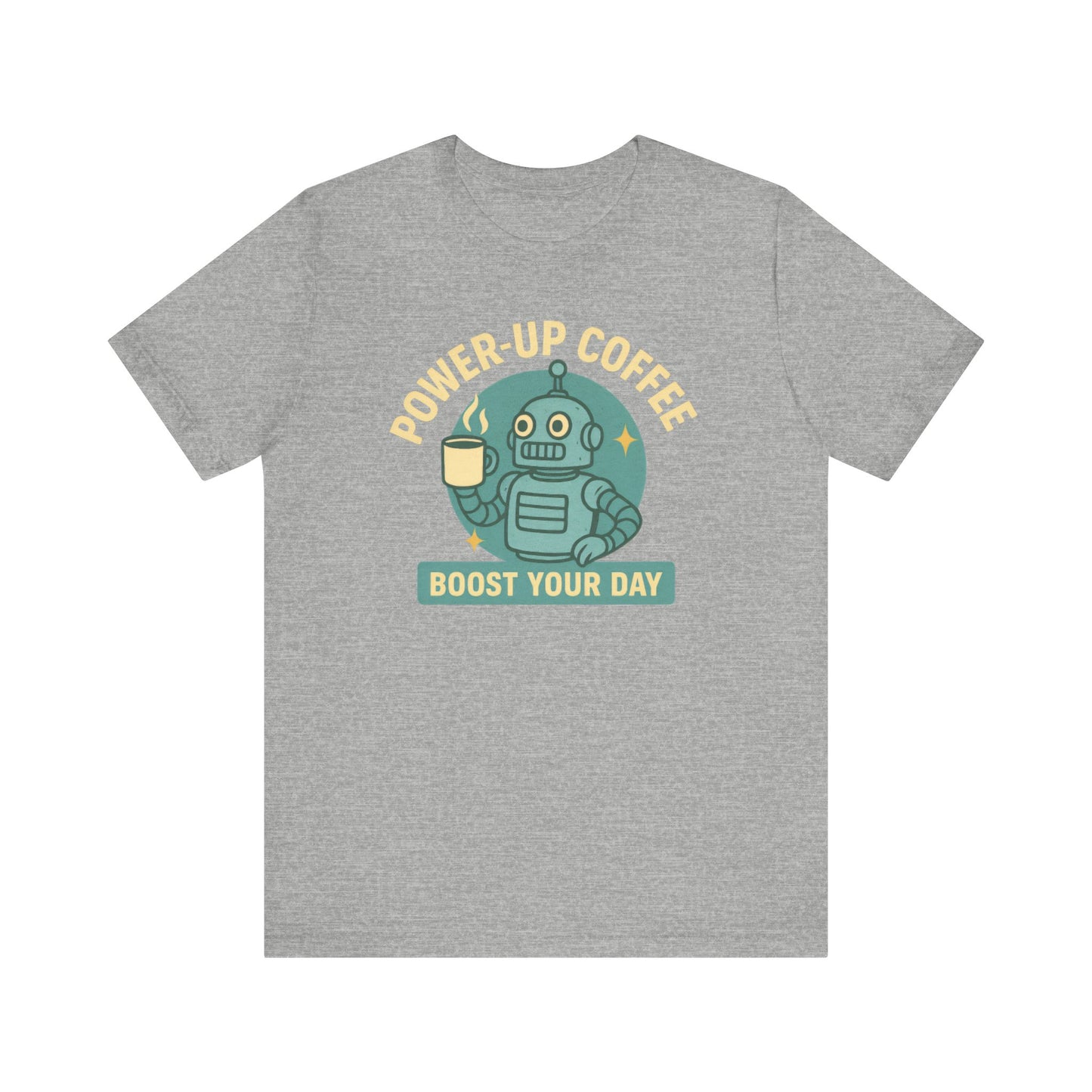 Power-Up Coffee Tee, Funny Robot Shirt, Gift for Coffee Lovers, Unisex Graphic Tee, Quirky Casual Wear, Birthday Apparel