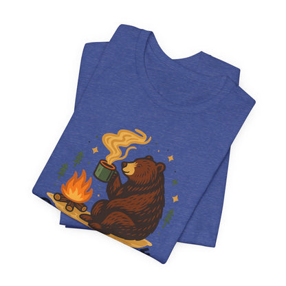 Cozy Campfire T-Shirt, Bear Graphic Tee, Outdoorsy Shirt, Coffee Lovers Gift, Adventure Clothing, Father's Day, Summer Camping Gear
