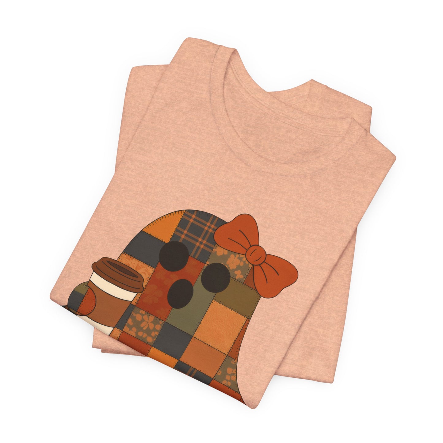Patchwork Ghost Coffee Halloween Shirt – Quilted Fall Plaid Brew Tee for Coffee Lovers