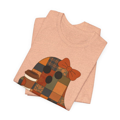 Patchwork Ghost Coffee Halloween Shirt – Quilted Fall Plaid Brew Tee for Coffee Lovers