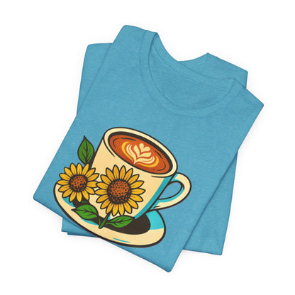 Coffee Lover Tee, Unisex Coffee Short Sleeve Shirt, Sunflower Graphic Tee, Best Gift for Baristas, Casual Summer Wear