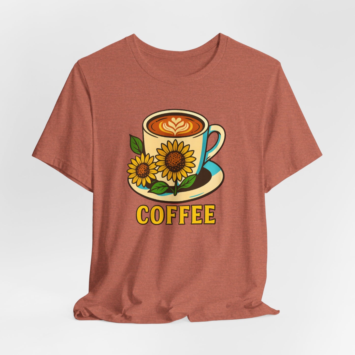Coffee Lover Tee, Unisex Coffee Short Sleeve Shirt, Sunflower Graphic Tee, Best Gift for Baristas, Casual Summer Wear