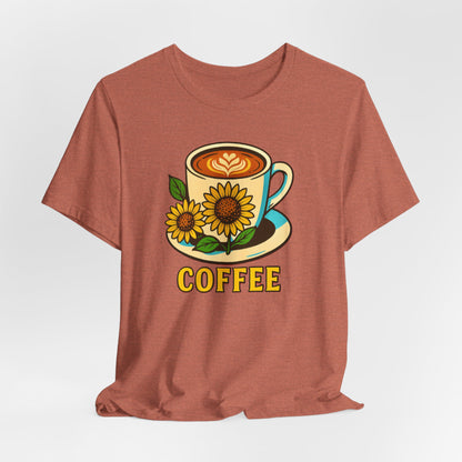 Coffee Lover Tee, Unisex Coffee Short Sleeve Shirt, Sunflower Graphic Tee, Best Gift for Baristas, Casual Summer Wear