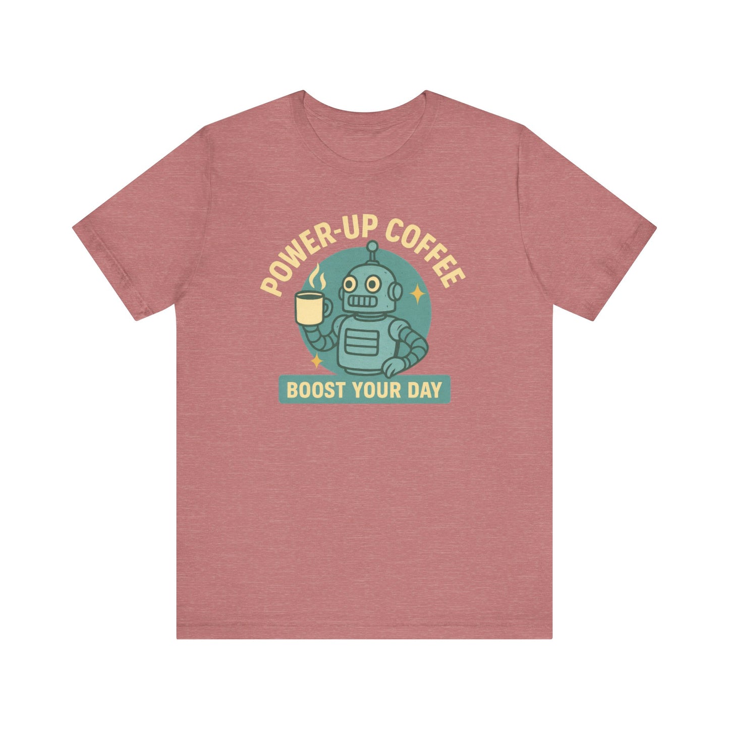 Power-Up Coffee Tee, Funny Robot Shirt, Gift for Coffee Lovers, Unisex Graphic Tee, Quirky Casual Wear, Birthday Apparel